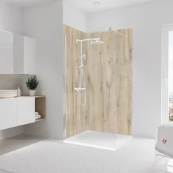 2 panneaux muraux de salle de bains l.100 x H.210 cm, effet chêne vieilli, Schulte DecoDesign