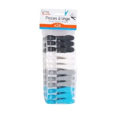 24 Pinces à linge - Plastique - Noir/Blanc/Gris/Bleu