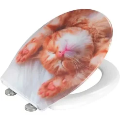 Abattant WC Chaton - Bois - Blanc et orange