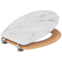 Abattant WC coloris effet marbre blanc et lunette effet bois à fermeture standard, 5Five Léa