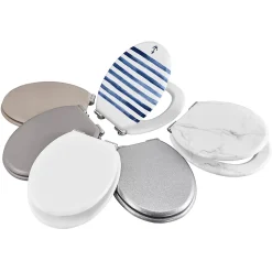 Abattant WC GoodHome Pilica coloris blanc et bleu en bois avec frein de chute