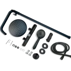 AICA Colonne de douche thermostatique noire mate, avec douche de tête ronde et douchette à main réglable en plusieurs modes