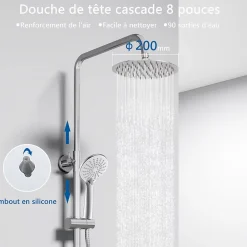 AICA colonne de douche thermostatique avec douche de tête ronde de 200 mm, douchette à main 3 fonctions, hauteur réglable