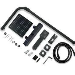 AICA Colonne de douche thermostatique avec pomme de tête, Carré, douchette et flexible,noir mat