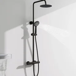 AICA colonne de douche thermostatique avec douche de tête ronde de 200 mm, douchette à main 3 fonctions, noir,hauteur réglable