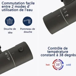 AICA colonne de douche thermostatique avec douche de tête ronde de 200 mm, douchette à main 3 fonctions, noir,hauteur réglable