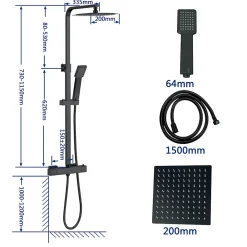 AICA colonne de douche thermostatique noir mat avec douche de tête carrée 20X20cm, réglable en hauteur 730-1150mm