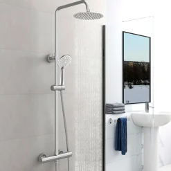 AICA Colonne de douche thermostatique chromée, avec douche de tête ronde et douchette à main réglable en plusieurs modes