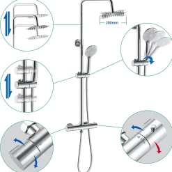 AICA Colonne de douche thermostatique chromée, avec douche de tête ronde et douchette à main réglable en plusieurs modes