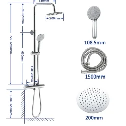 AICA Colonne de douche thermostatique chromée, avec douche de tête ronde et douchette à main réglable en plusieurs modes