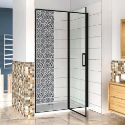 Aica porte de douche pivotante 100x185cm noir mat en 6mm verre anticalcaire installation en niche