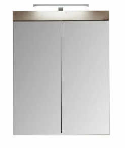 AMANDA - Armoire de toilette murale mélaminé avec bandeau lumineux blanc/chêne - 2 portes miroir. L - H - P : 60 - 77 - 17 cm