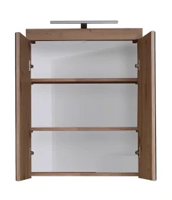 AMANDA - Armoire de toilette murale mélaminé avec bandeau lumineux blanc/chêne - 2 portes miroir. L - H - P : 60 - 77 - 17 cm
