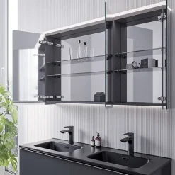 Amoire de toilette MFC 3 portes miroirs, éclairage LED, prise de courant intérieure + 4 tablettes verre, 120x71x19cm (LxHxP), VARO