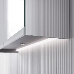 Amoire de toilette MFC 3 portes miroirs, éclairage LED, prise de courant intérieure + 4 tablettes verre, 120x71x19cm (LxHxP), VARO