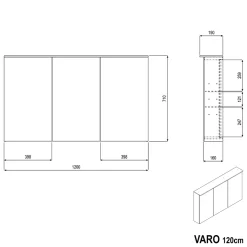 Amoire de toilette MFC 3 portes miroirs, éclairage LED, prise de courant intérieure + 4 tablettes verre, 120x71x19cm (LxHxP), VARO