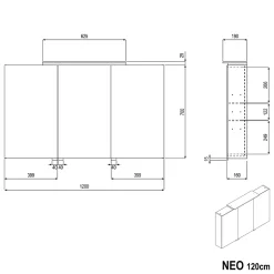 Amoire de toilette suspendue 120x19x72,5cm (LxPxH), 3 portes mirroir, éclairage LED + prise électrique, Charnières mobiles, NEO
