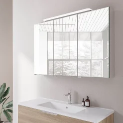 Amoire de toilette suspendue 100x19x72,5cm (LxPxH), 3 portes mirroir, éclairage LED + prise électrique, Charnières mobiles, NEO