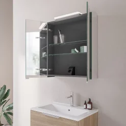Amoire de toilette suspendue 60x19x72,5cm (LxPxH), 2 portes mirroir, éclairage LED + prise électrique, Charnières mobiles, NEO