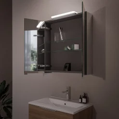 Amoire de toilette suspendue 60x19x72,5cm (LxPxH), 2 portes mirroir, éclairage LED + prise électrique, Charnières mobiles, NEO