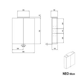 Amoire de toilette suspendue 60x19x72,5cm (LxPxH), 2 portes mirroir, éclairage LED + prise électrique, Charnières mobiles, NEO