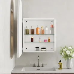 Armoire à miroir cintrée blanche avec cadre métal, armoire murale à étagères réglables, rangement salle de bain, salon ou chambre