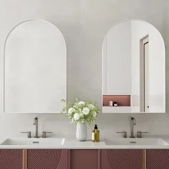 Armoire à miroir cintrée blanche avec cadre métal, armoire murale à étagères réglables, rangement salle de bain, salon ou chambre
