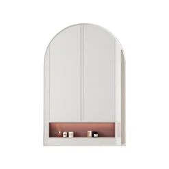 Armoire à miroir cintrée blanche avec cadre métal, armoire murale à étagères réglables, rangement salle de bain, salon ou chambre
