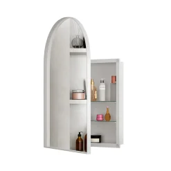 Armoire à miroir cintrée blanche avec cadre métal, armoire murale à étagères réglables, rangement salle de bain, salon ou chambre