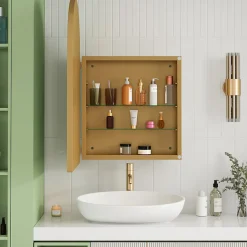 Armoire à miroir cintrée dorée avec cadre métal, armoire murale à étagères réglables, rangement salle de bain, salon ou chambre