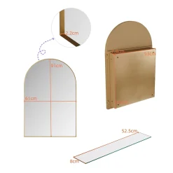 Armoire à miroir cintrée dorée avec cadre métal, armoire murale à étagères réglables, rangement salle de bain, salon ou chambre