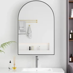 Armoire à miroir cintrée noire avec cadre métal, armoire murale à étagères réglables, rangement salle de bain