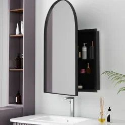 Armoire à miroir cintrée noire avec cadre métal, armoire murale à étagères réglables, rangement salle de bain