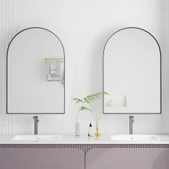 Armoire à miroir cintrée noire avec cadre métal, armoire murale à étagères réglables, rangement salle de bain