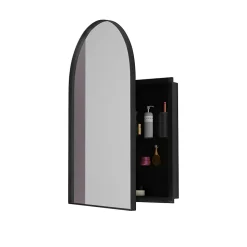 Armoire à miroir cintrée noire avec cadre métal, armoire murale à étagères réglables, rangement salle de bain