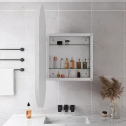 Armoire à miroir ovale blanche avec cadre métal, armoire murale à étagères réglables, rangement salle de bain, salon ou chambre