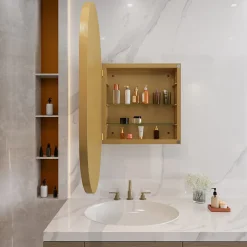 Armoire à miroir ovale dorée avec cadre métal, armoire murale à étagères réglables, rangement salle de bain, salon ou chambre