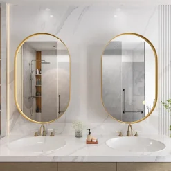 Armoire à miroir ovale dorée avec cadre métal, armoire murale à étagères réglables, rangement salle de bain, salon ou chambre