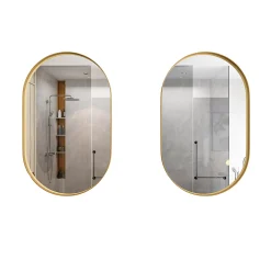 Armoire à miroir ovale dorée avec cadre métal, armoire murale à étagères réglables, rangement salle de bain, salon ou chambre