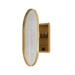Armoire à miroir ovale dorée avec cadre métal, armoire murale à étagères réglables, rangement salle de bain, salon ou chambre