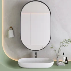Armoire à Miroir Ovale Murale avec Cadre Métallique Noir - Meuble de Salle de Bain avec Étagères Réglables, 51.5x85 cm, Noir