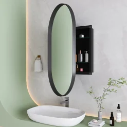 Armoire à miroir ovale noire avec cadre métal, meuble mural avec étagères réglables, rangement salle de bain
