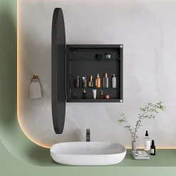 Armoire à miroir ovale noire avec cadre métal, meuble mural avec étagères réglables, rangement salle de bain