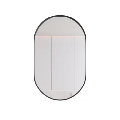 Armoire à miroir ovale noire avec cadre métal, meuble mural avec étagères réglables, rangement salle de bain