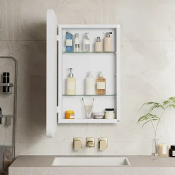 Armoire à miroir rectangulaire avec cadre métal, armoire murale à étagères réglables, pour salle de bain ou chambre, blanc