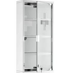Armoire à pharmacie 3 étagères 4 niveaux 30L x 12l x 60H cm porte verre trempé symbole croix acier inoxydable brossé