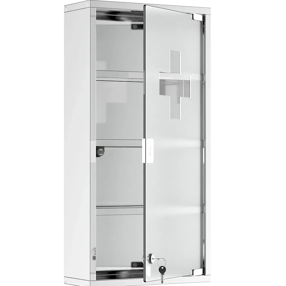 Armoire à pharmacie 3 étagères 4 niveaux 30L x 12l x 60H cm porte verre trempé symbole croix acier inoxydable brossé