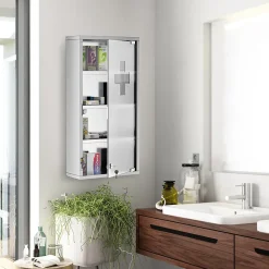 Armoire à pharmacie 3 étagères 4 niveaux 30L x 12l x 60H cm porte verre trempé symbole croix acier inoxydable brossé