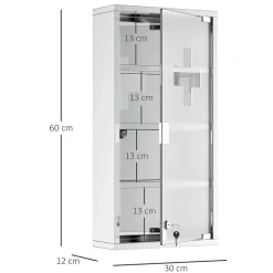 Armoire à pharmacie 3 étagères 4 niveaux 30L x 12l x 60H cm porte verre trempé symbole croix acier inoxydable brossé
