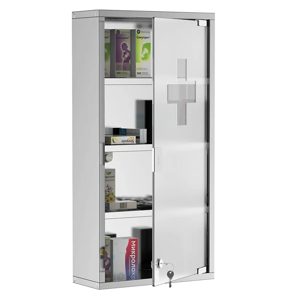 Armoire à pharmacie 3 étagères 4 niveaux 30L x 12l x 60H cm porte verre trempé symbole croix acier inoxydable brossé